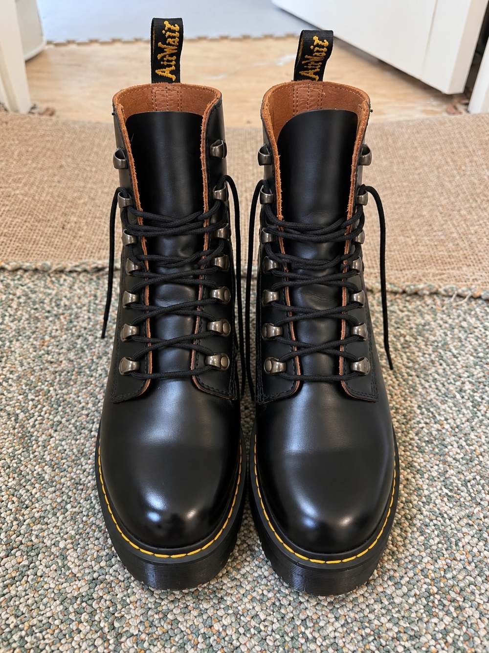 Dr. Martens Black Leather Platform Lace-Up Boots with Yellow Welt Stitching